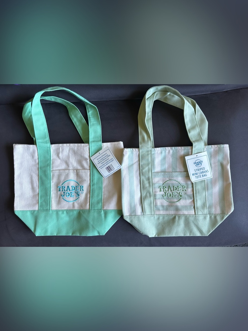 Trader Joe's LIMITED EDITION Mini Pastel 2026 GREEN Canvas Tote (2) Bags Set
